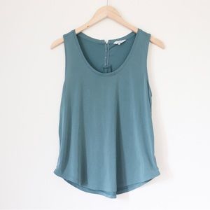 Lucky Brand Dark Sage Green Scoop Neck Tank Top Button Detail Pleat Back